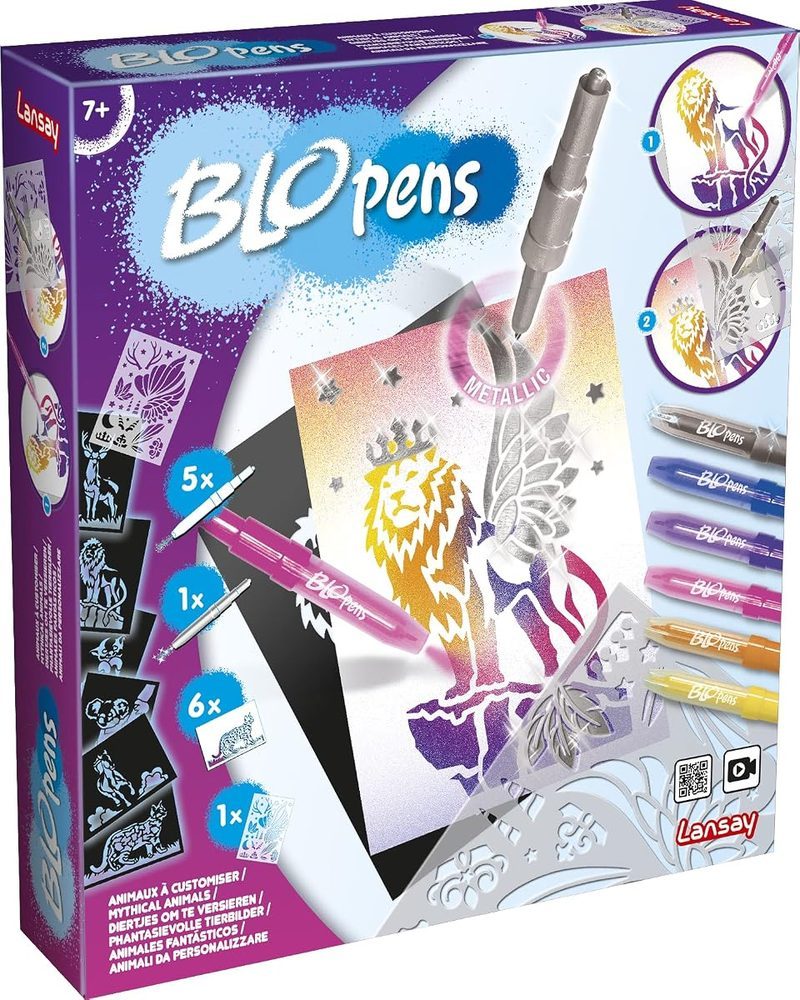 Lansay - BLOPENS - Animales para personalizar metálico - Para niños desde 7 años - Kit de dibujos y colorear con rotuladores de soplar - Ocio creativo - 20 plantillas y 8 rotuladores