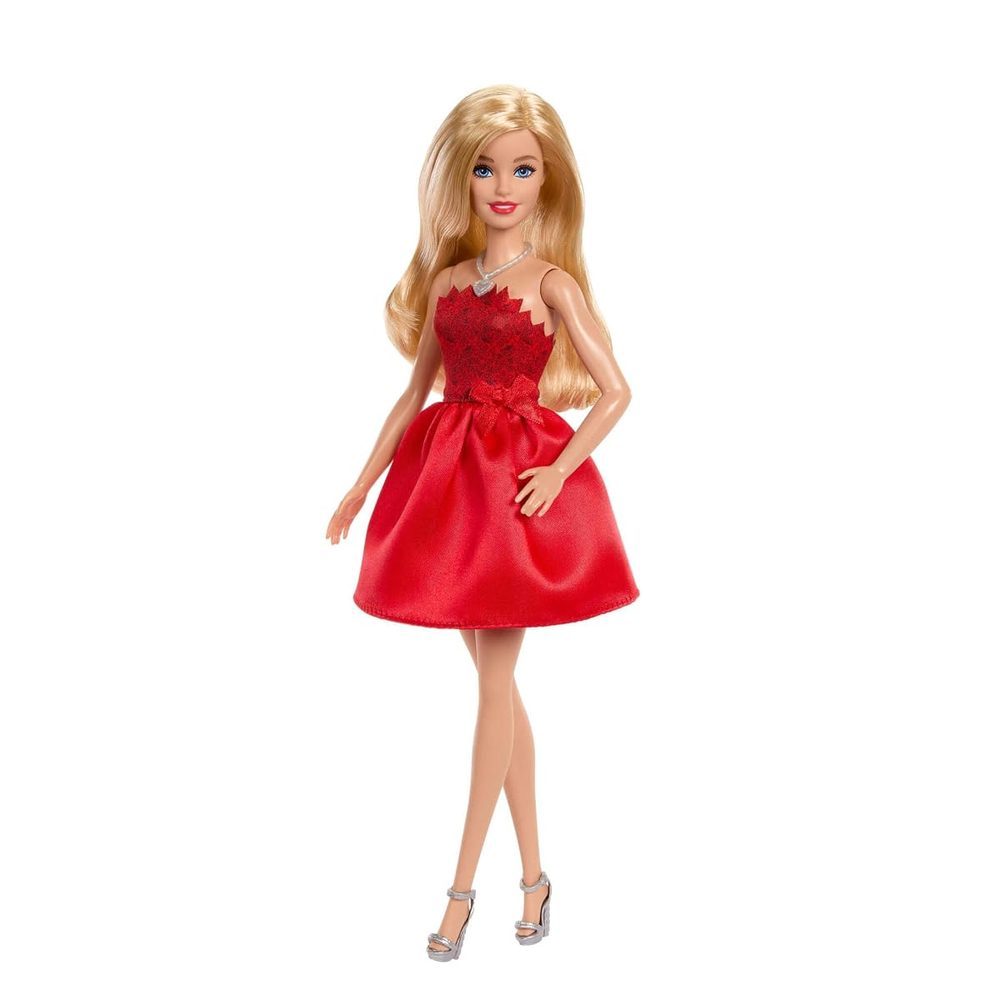 Barbie Mattel 80 aniversario Muñeca de moda de celebración rubia con vestido rojo rubí, collar y zapatos plateados, juguete coleccionable, JGD25